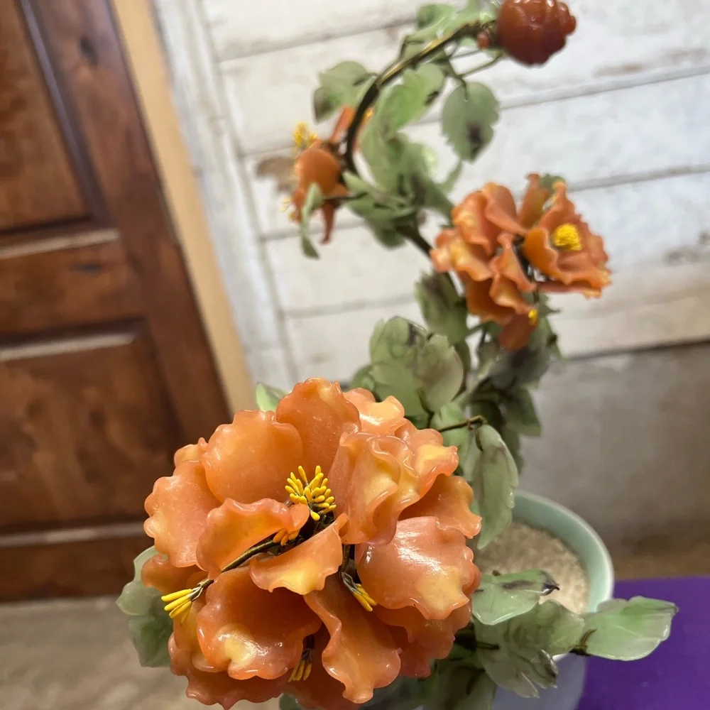 Orange Floral Jade / Glass Sculpture